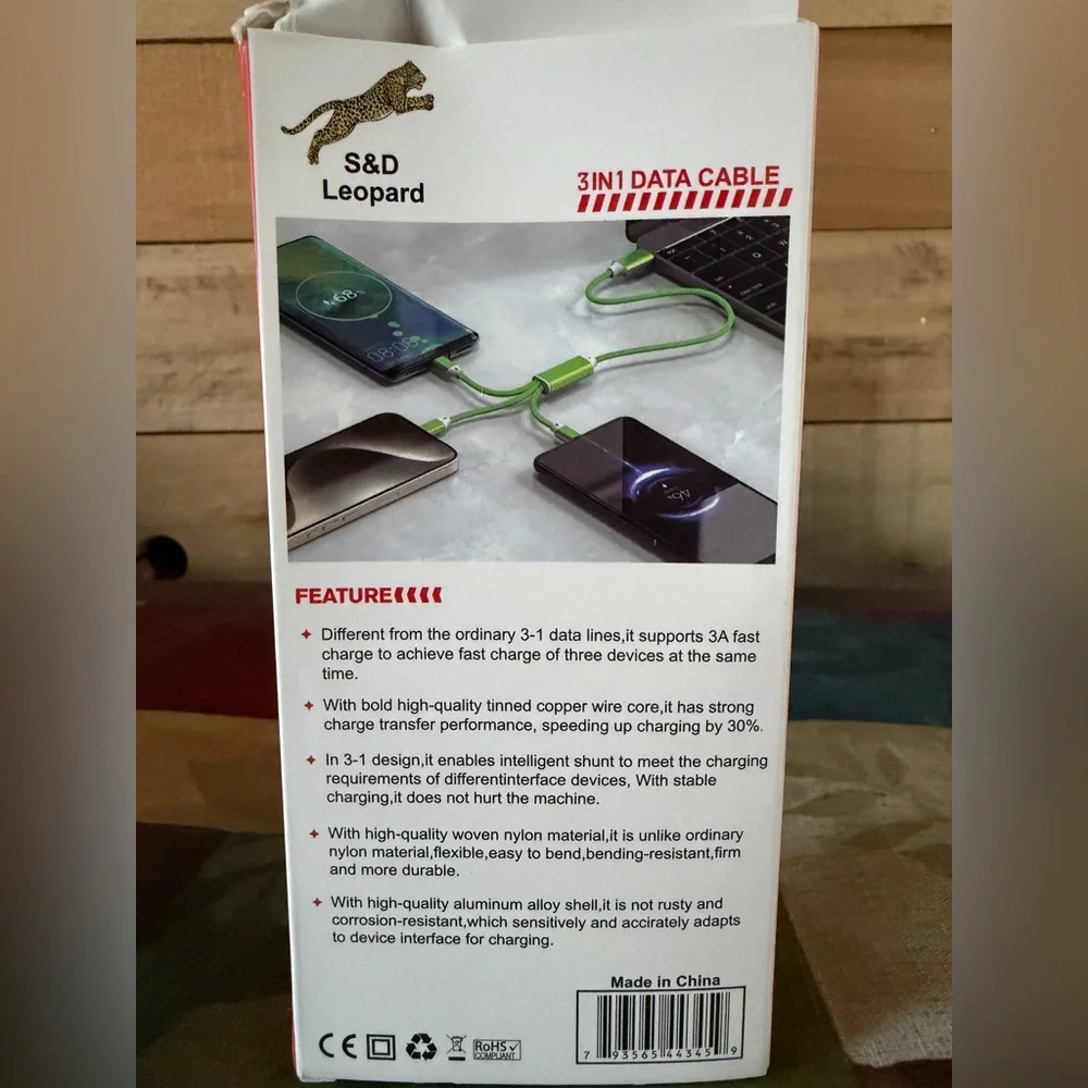 S&D Leopard 3 in 1 Data cable NEW White